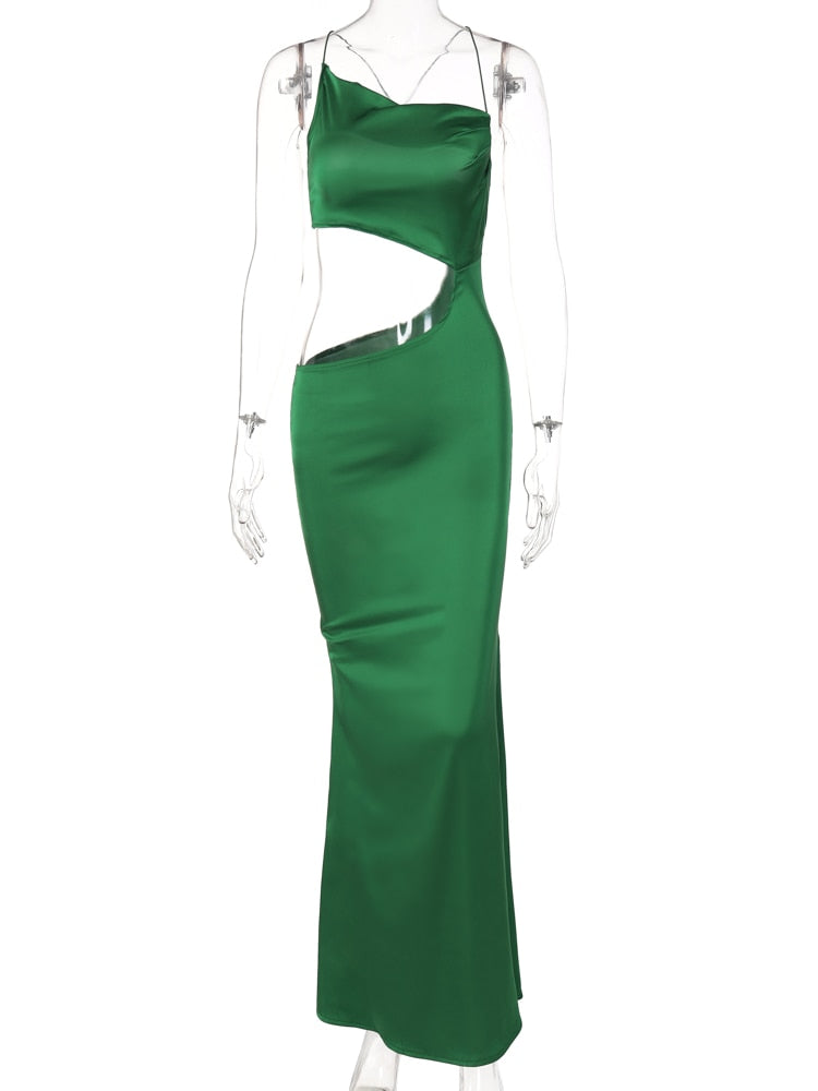 Green Satin Hollow Side Bodycon Long Dress