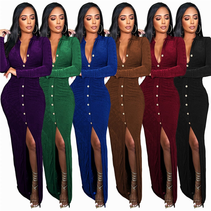 Long Sleeve Shirt Split Maxi Dress