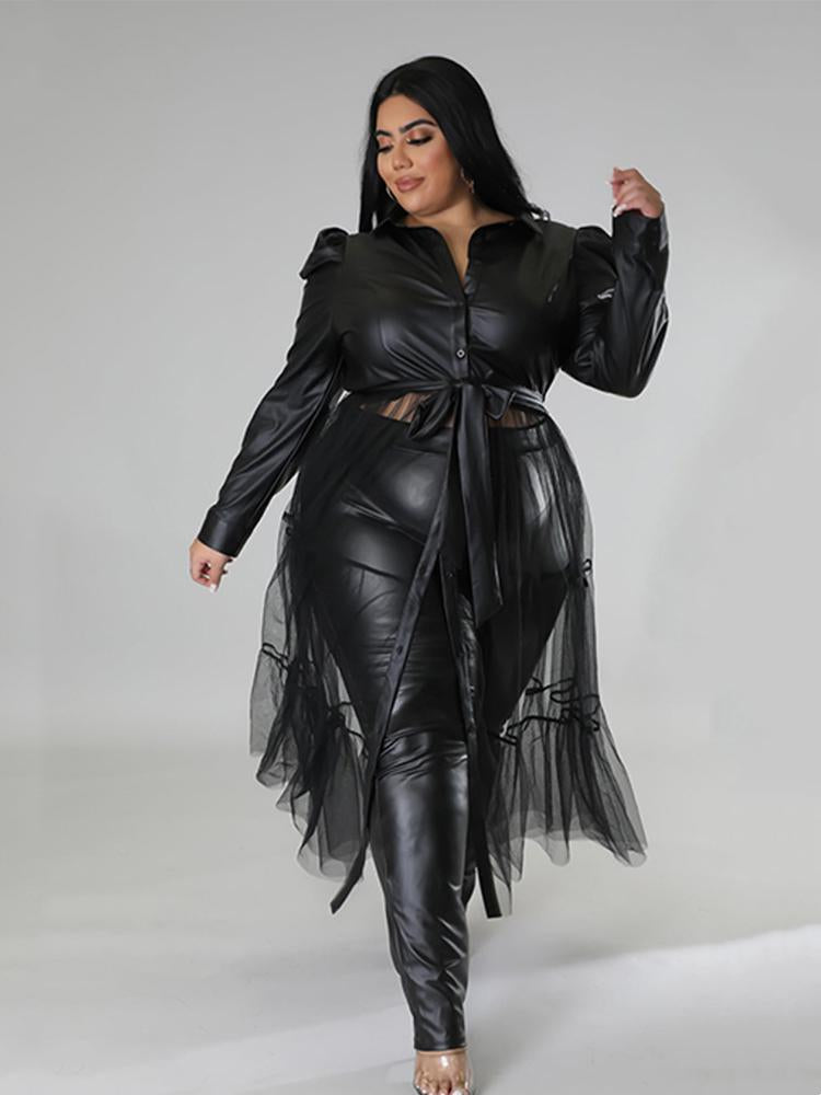 Pu Leather Jumpsuit with Mesh Dress Plus Size
