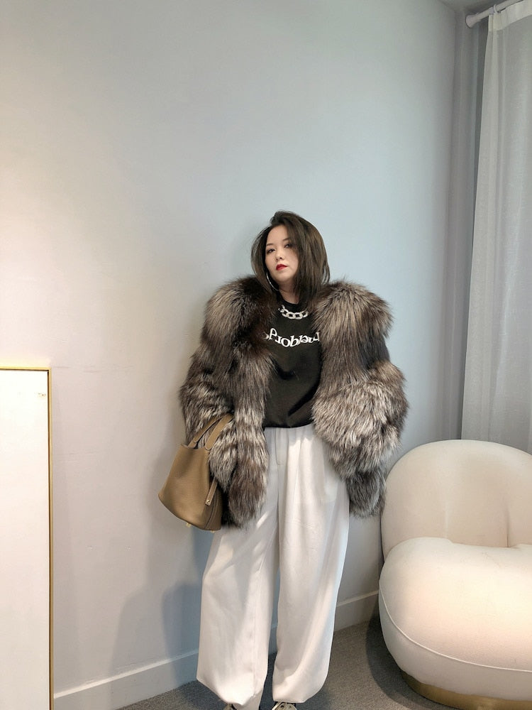 Luxury Dark Silver Real Fur Hooded Coat