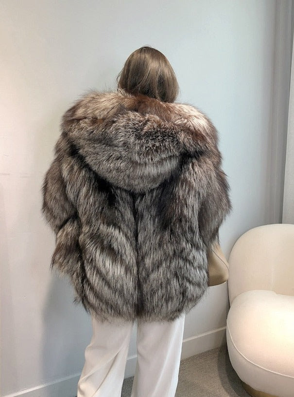 Luxury Dark Silver Real Fur Hooded Coat