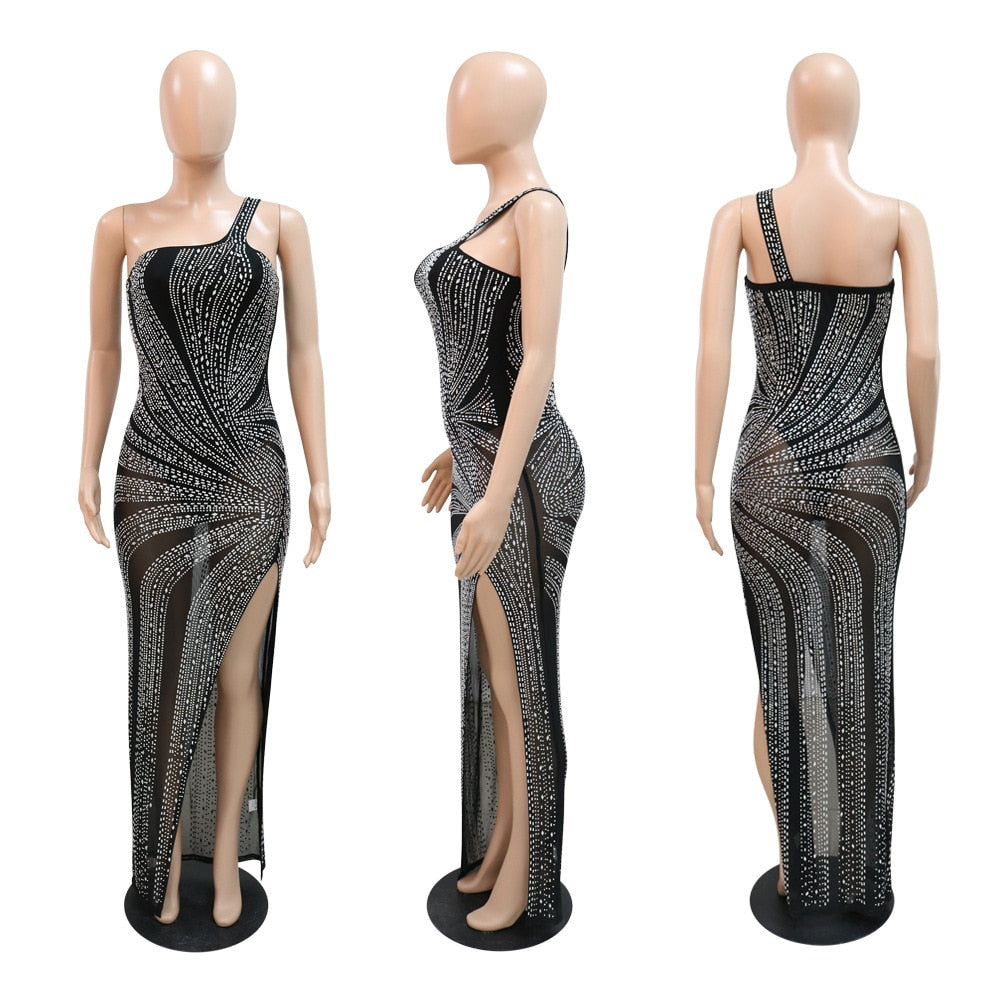Crystal One Shoulder High Side Slit Maxi Dresses