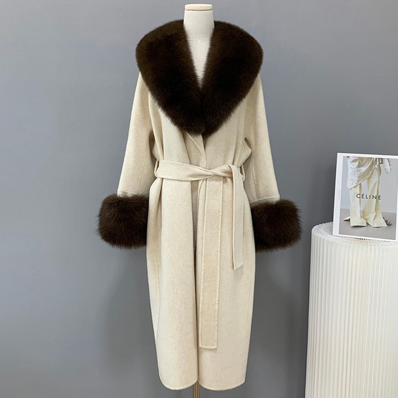 Soft Cashmere Long Coats Real Fur Long Collar & Cuffs