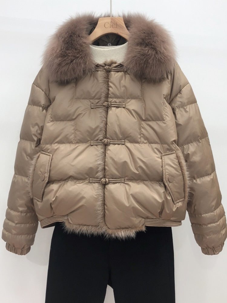 Duck Down Short Puffer Coats Real Fur Collar & Trim