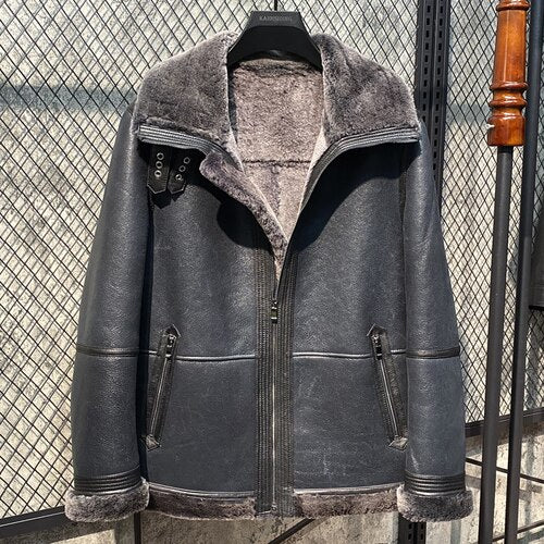 Genuine Leather Coats Grey Real Shearling Fur Lining