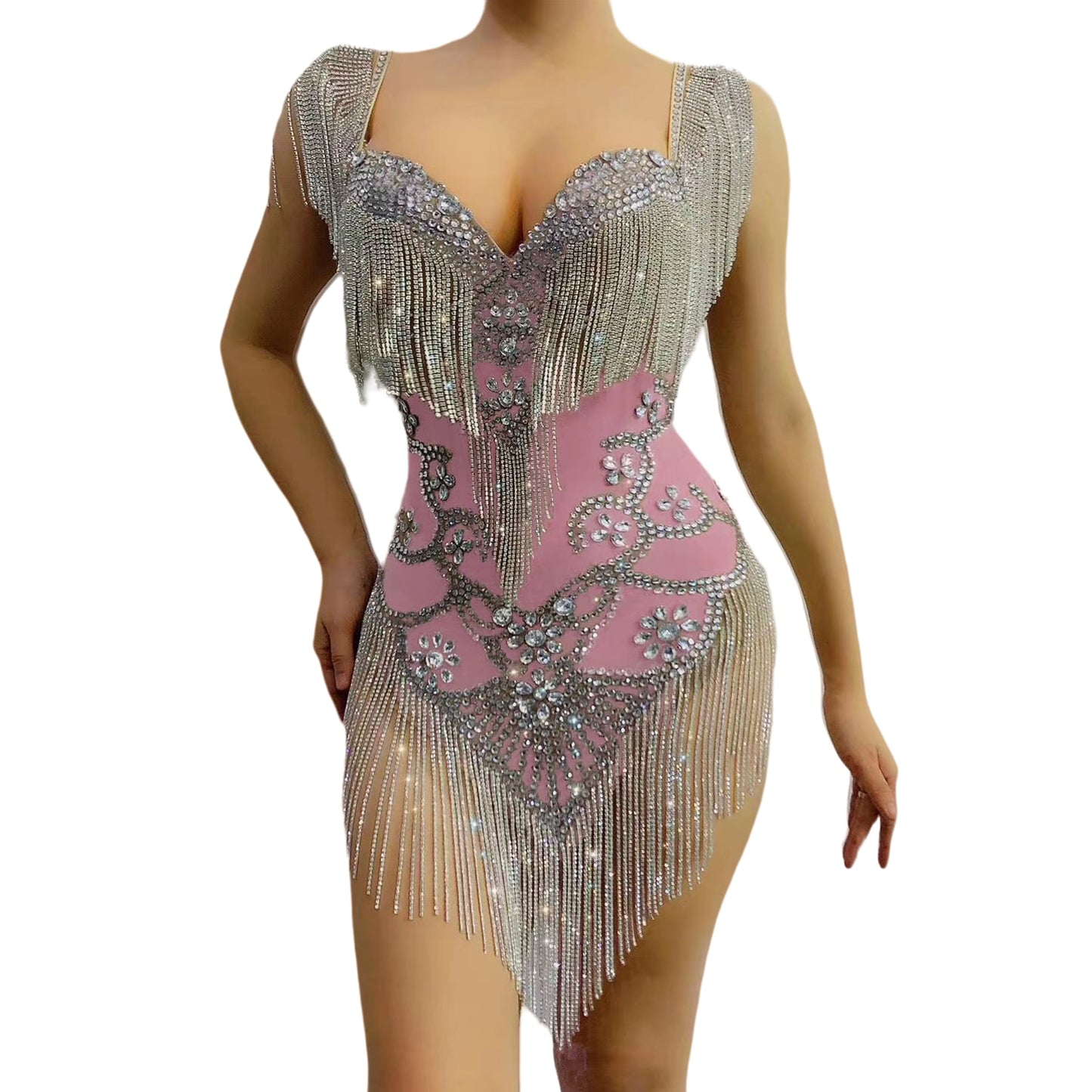 Rhinestones Fringes Mesh Bodysuit Crystal Chains