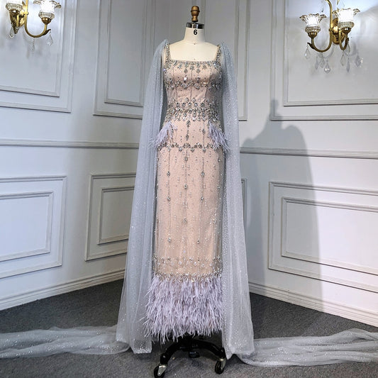 Crystal Feather Cape Sleeve Ankle Length Dresses