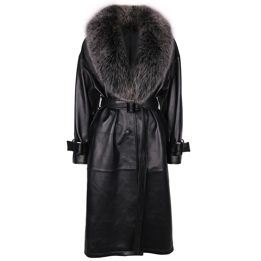 Genuine Leather Long Trench Coats Real Fur Collar