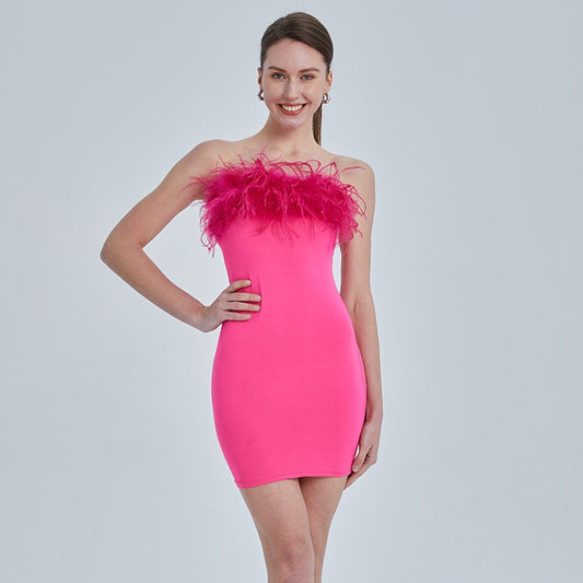 Ostrich Feather Chest Tube Mini Dresses
