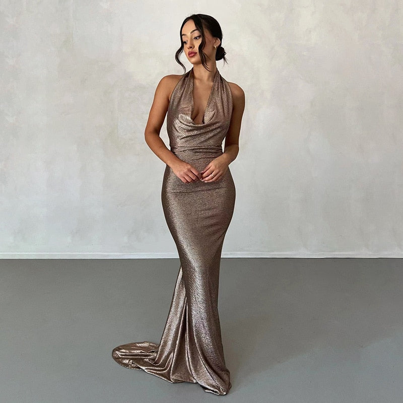 Metallic Drape Chest Backless Maxi Dress