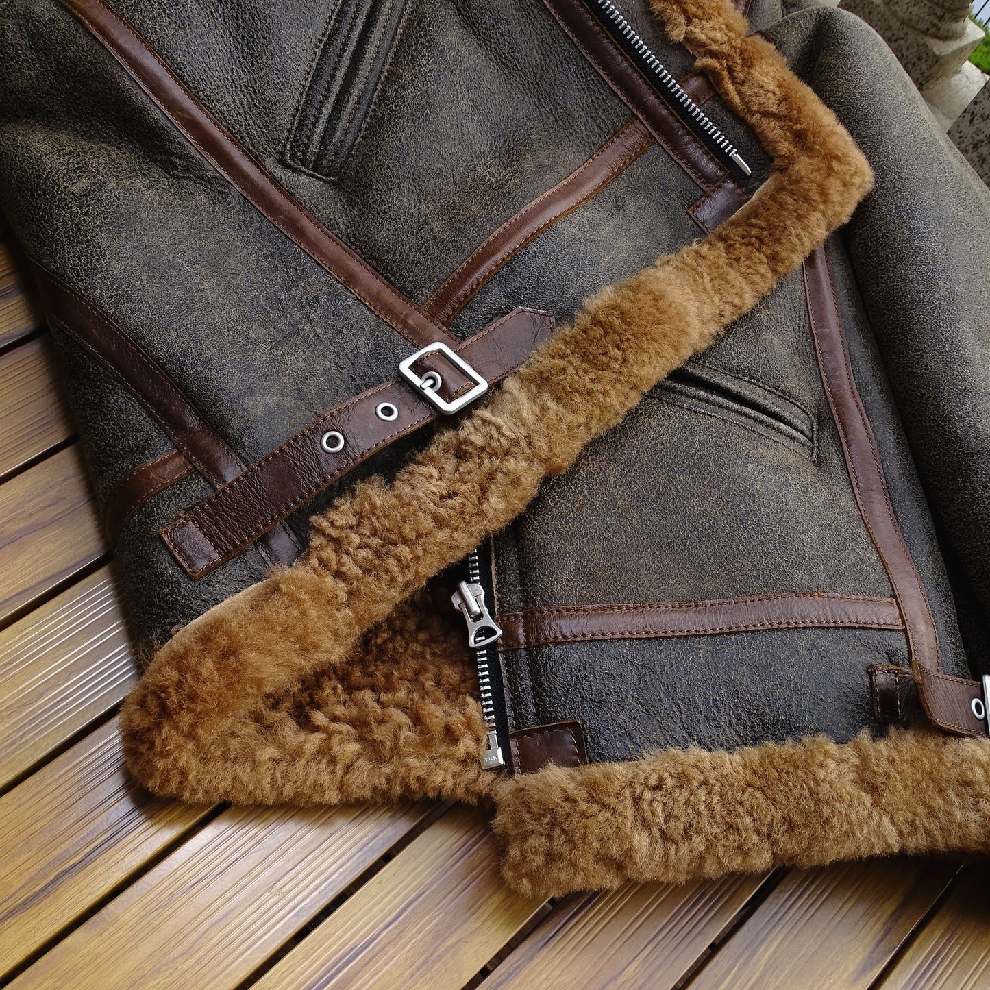 Genuine Leather Coats Brown Real Shearling Fur B3 Bomber