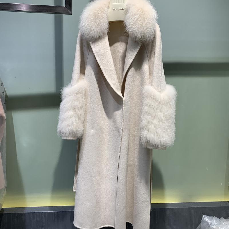 Plush Cashmere Long Coats Real Knitted Fur Collar & Long Cuffs