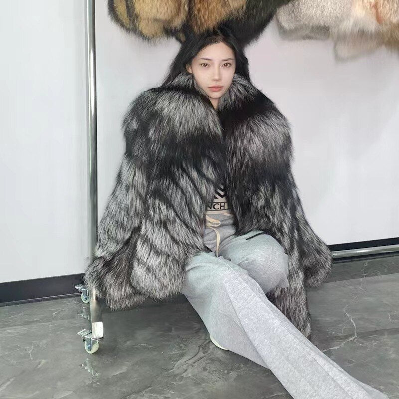 Dark Silver Big Collar Real Fur Coat