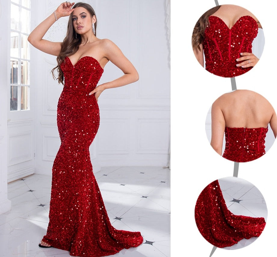 Red Sequin Sleeveless Maxi Mermaid Evening Dresses