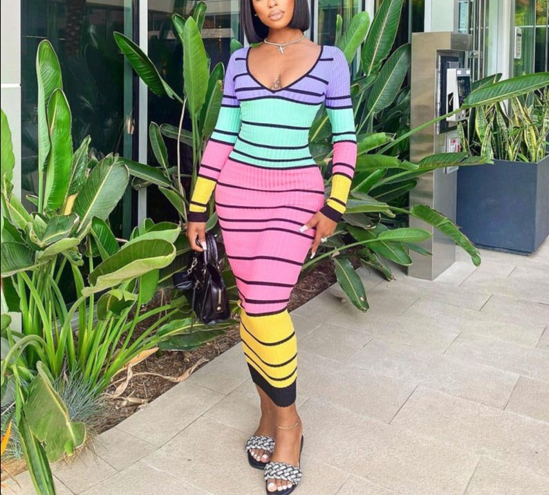 Colorful Stripe Backless Long Sleeve Maxi Dresses