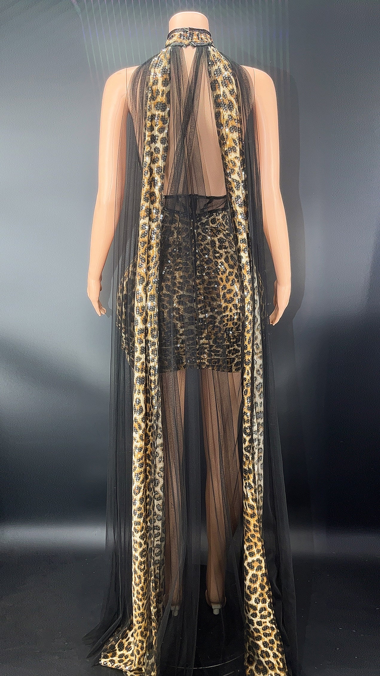 Sequins Leopard Print Mesh Hollow Dress