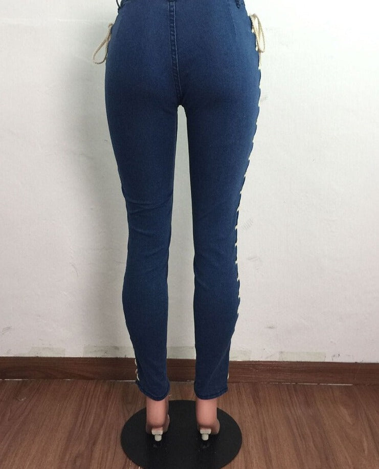 High Waist Lace Up Bandage Pencil Denim Jeans