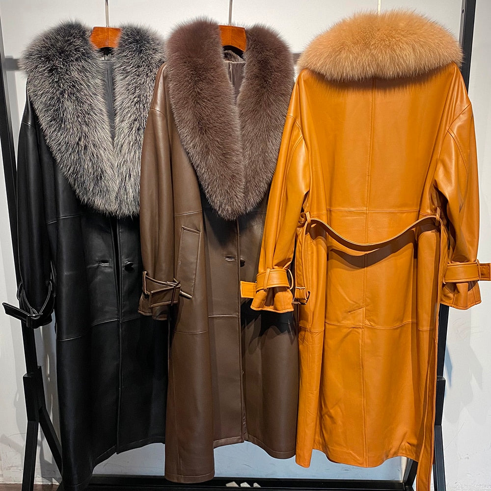 Genuine Leather Long Trench Coats Real Fur Collar