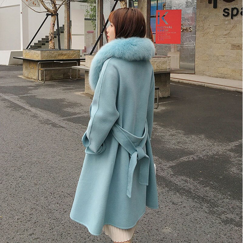 Loose Wool Coat Real Fur Collar Over Sized With Belt