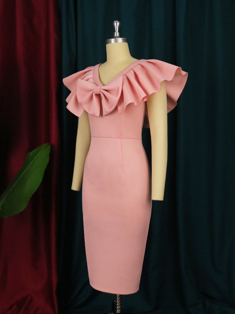 Pink Ruffle Bow Bodycon Dress