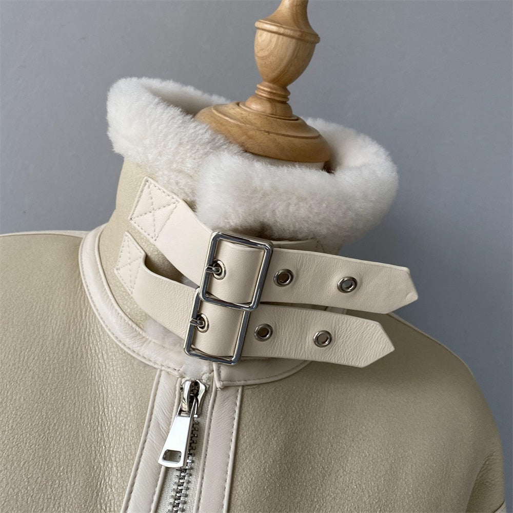 Cream Genuine Leather Coat Shearling Liner Oversized