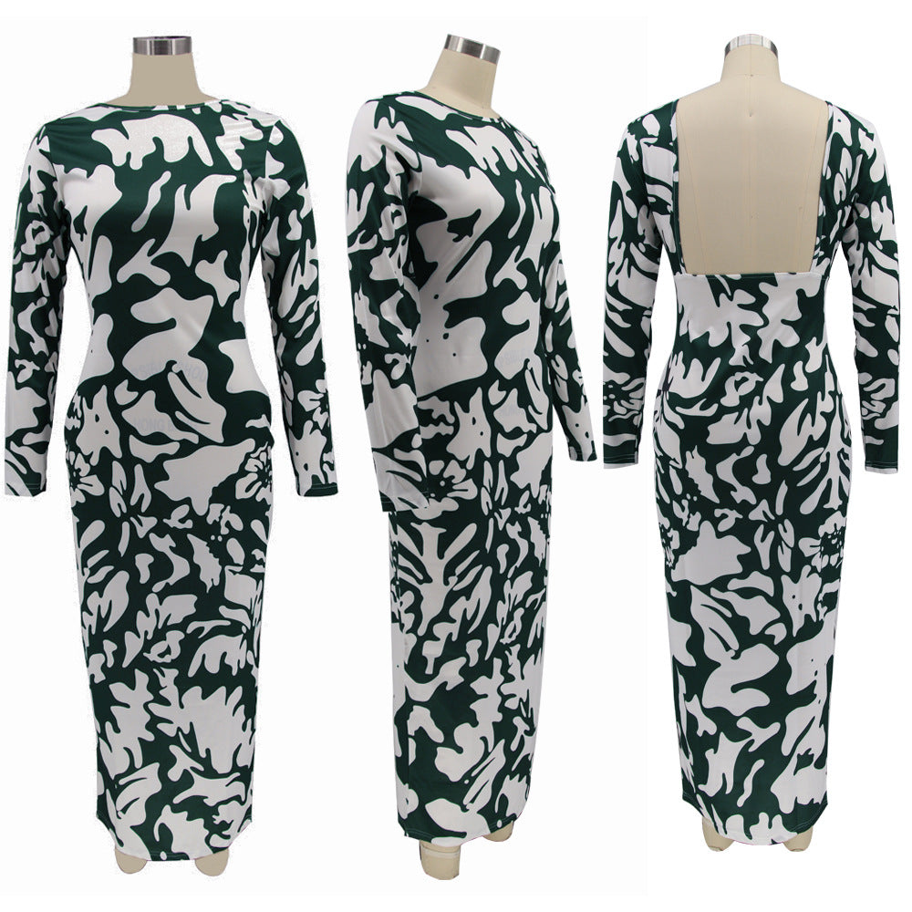 Leaf Print Long Sleeve O Neck Maxi Dress