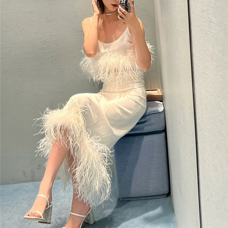 Ostrich Feather Sleeveless Crop & Maxi Skirt Sets