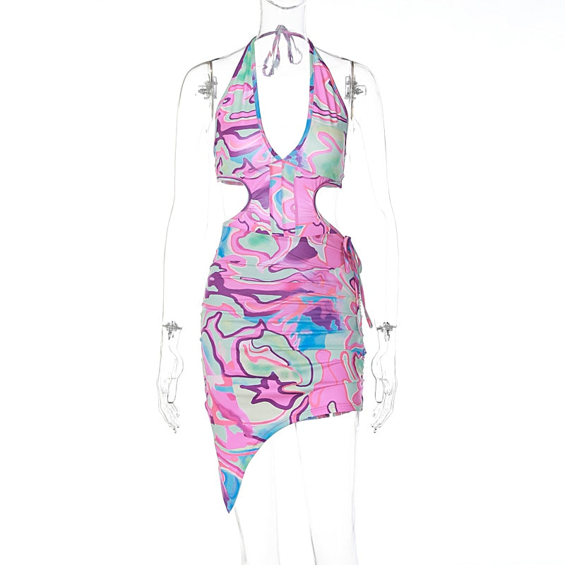 Tie-dye Hollow Sides Bodycon Backless Mini Dress