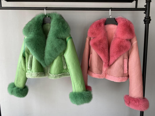 Genuine Leather Coats Big Fur Collar Real Shearling Lining