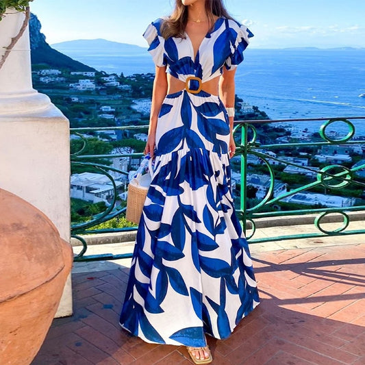 Leaf Print Hollow Butterfly Sleeve Maxi Dress