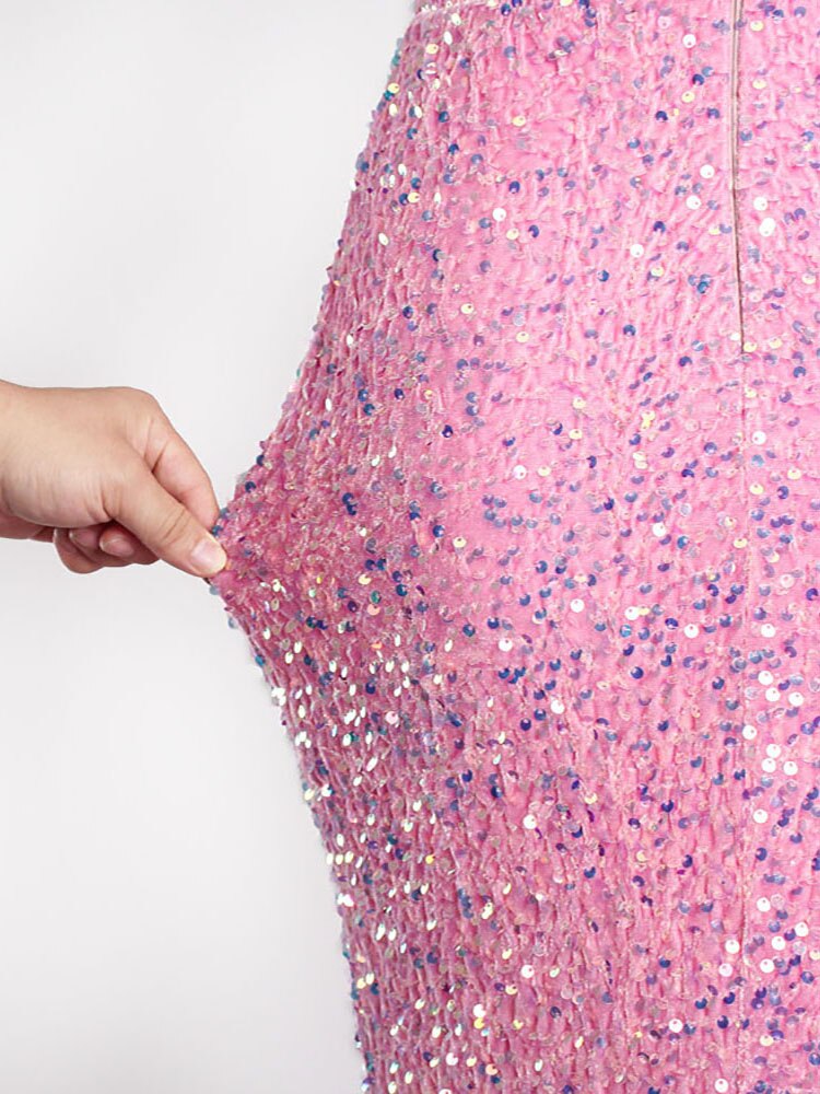 Pink Sequin Strapless Sleeveless Backless Maxi Dress