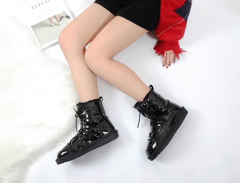 Patent Leather Natural Wool Fur Lined Snow Boots Waterproof