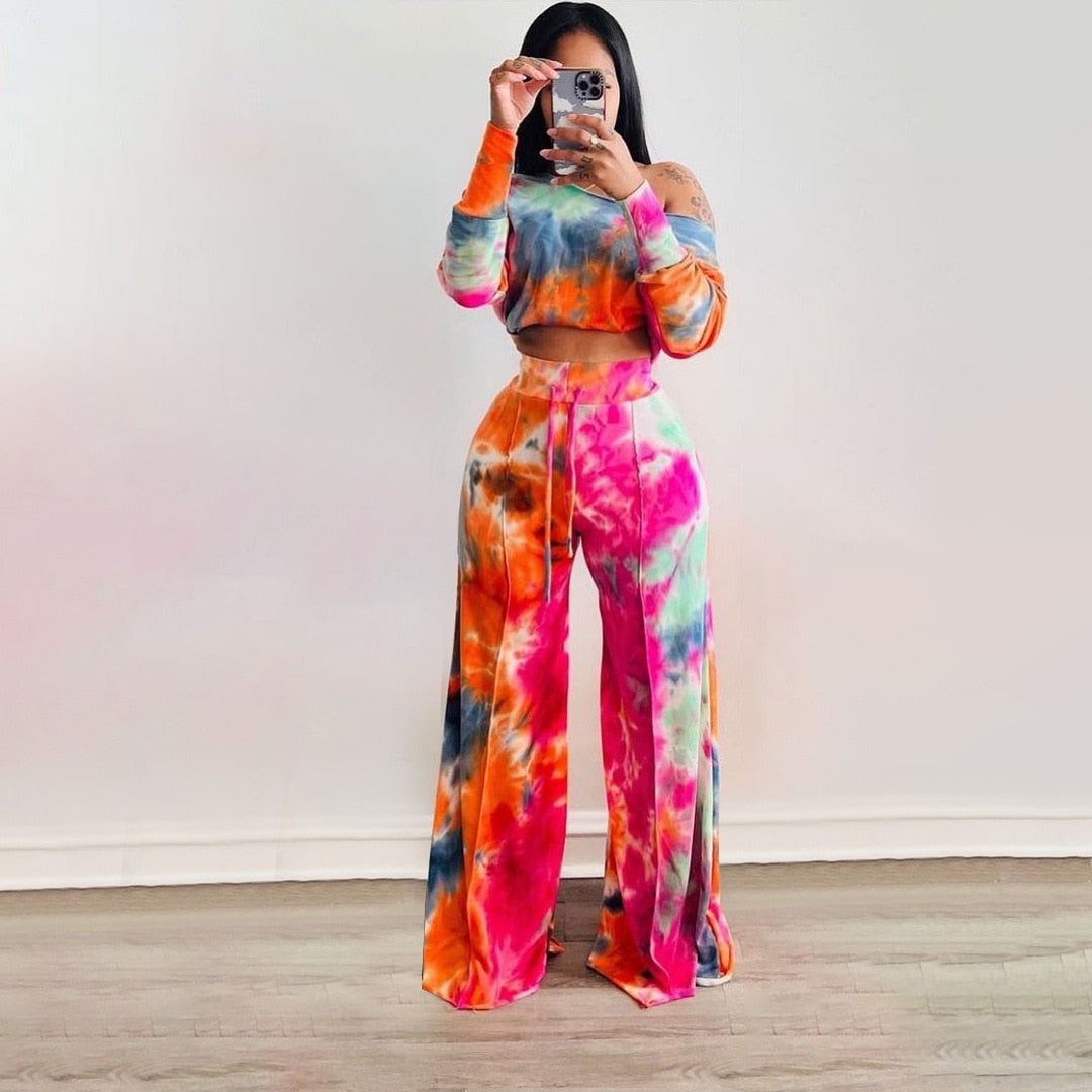 Tie Dye Off Shoulder Crop & Wide Pants Sets