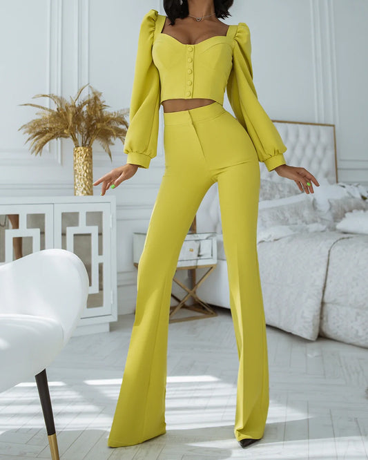 Puff Long Sleeve Crop  & Wide Leg Flare Pants Sets