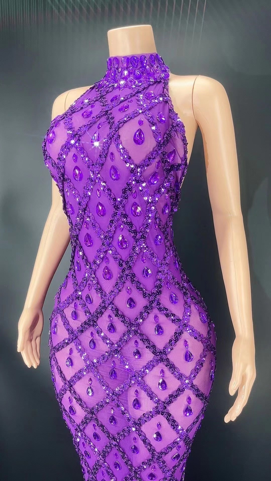 Purple Rhinestones Full Wrap Halter Sleeveless Dress