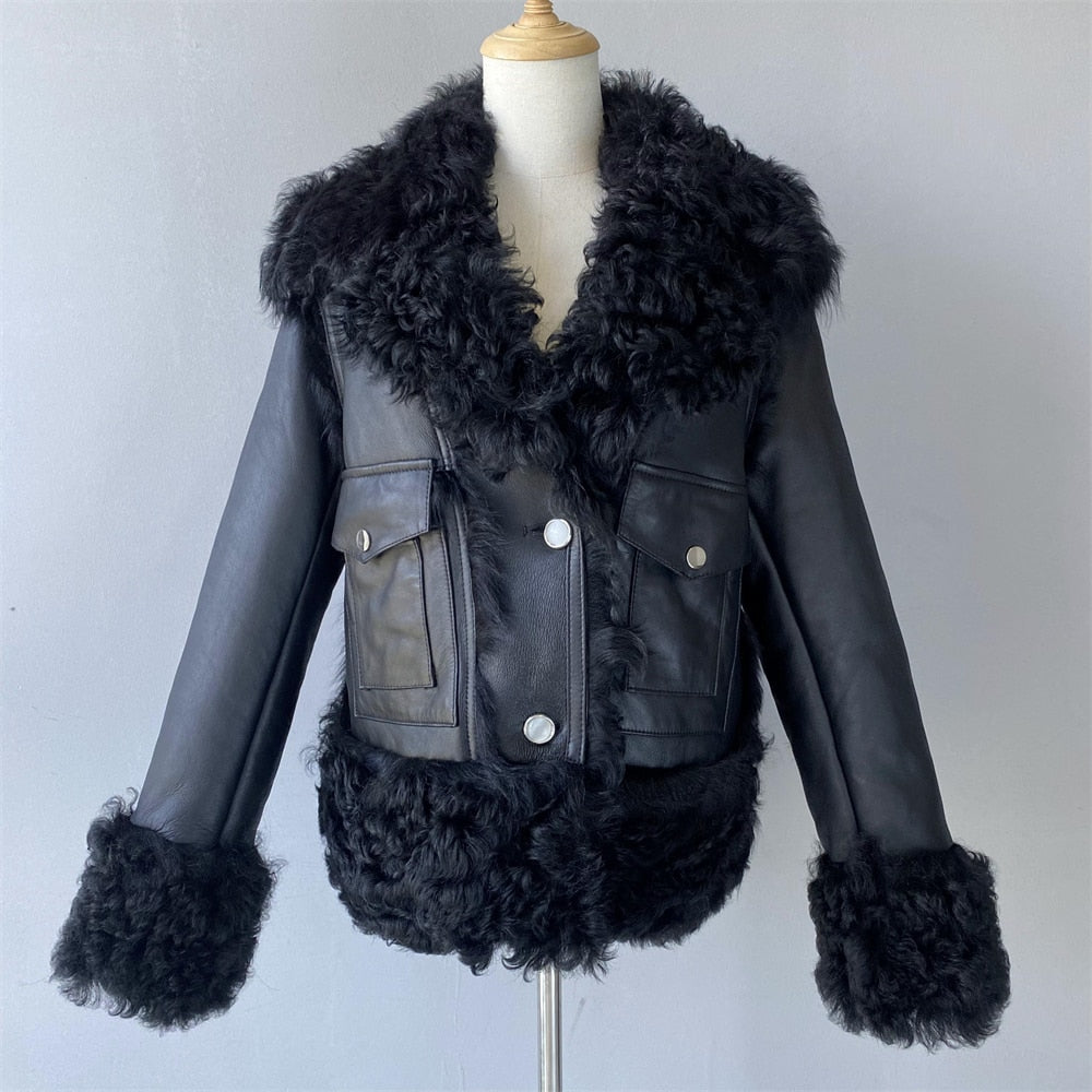 Genuine Leather Coat Curly Shearling Fur