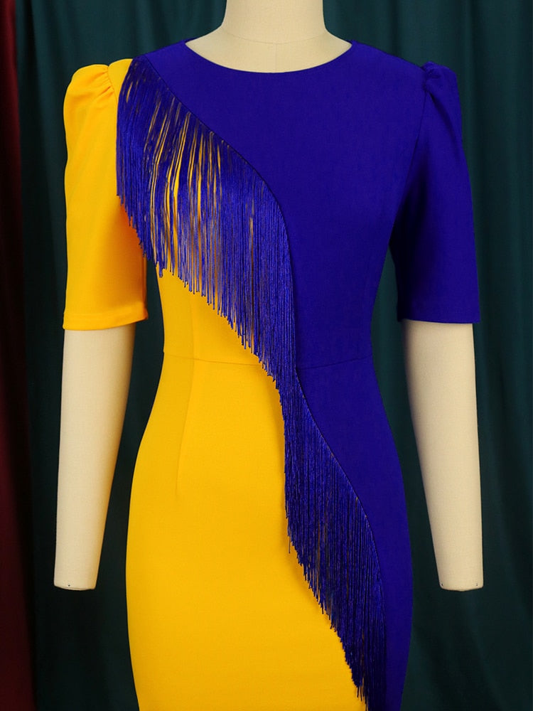 Yellow Blue Short Sleeves Tassel Dress