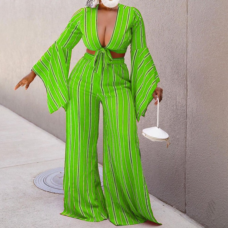 Striped Full Sleeve Crop & Wide Leg Flare Pants Sets