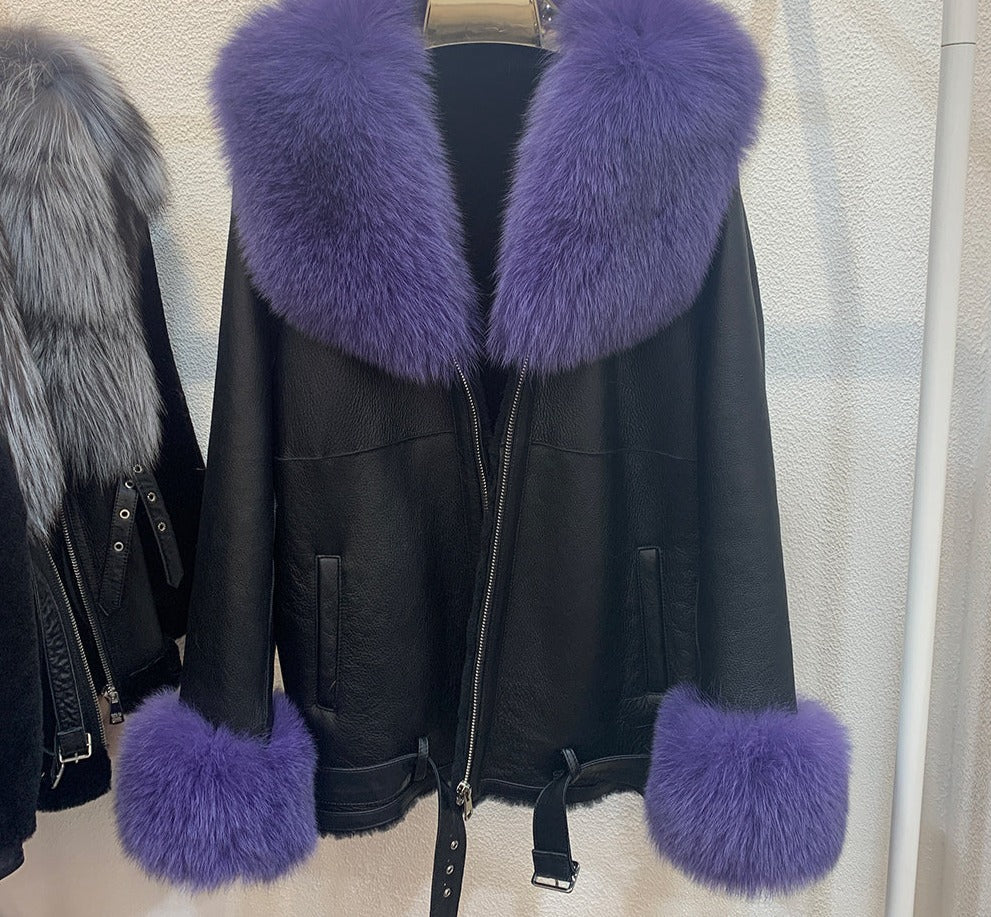 Genuine Leather Coats Real Shearling Fur Collar & Cuffs