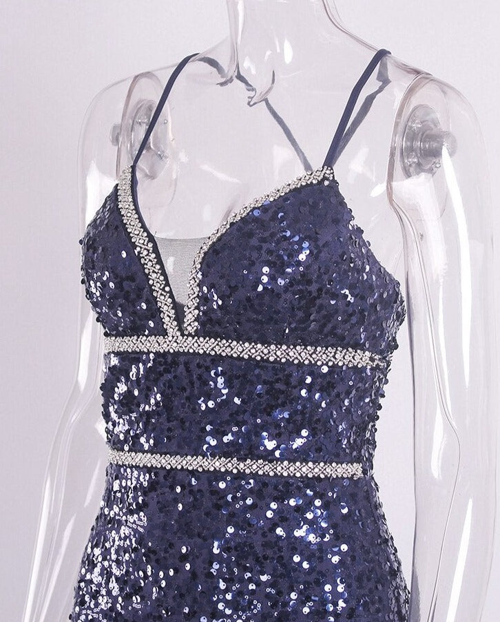 Sequin Crystal V Spaghetti Sleeveless Maxi Dress