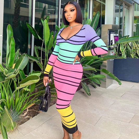 Colorful Stripe Backless Long Sleeve Maxi Dresses