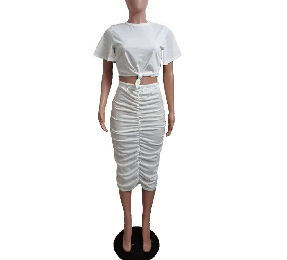 Solid Tie Hem Crop T & Midi Ruched Skirt Sets