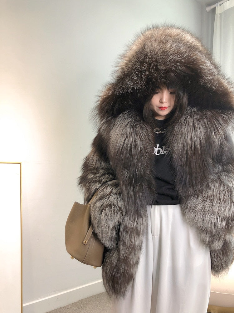 Luxury Dark Silver Real Fur Hooded Coat