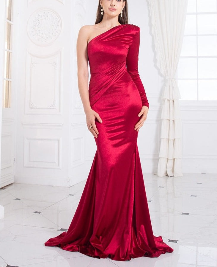 Satin One Shoulder Full Sleeve Mermaid Gown