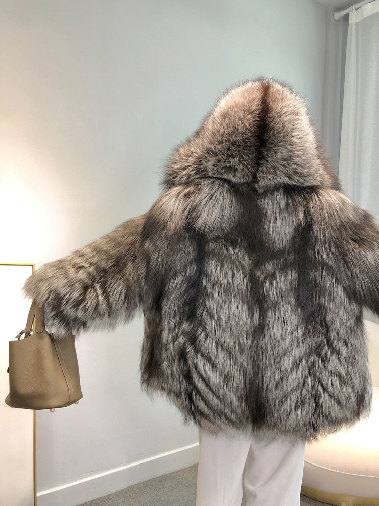 Luxury Dark Silver Real Fur Hooded Coat