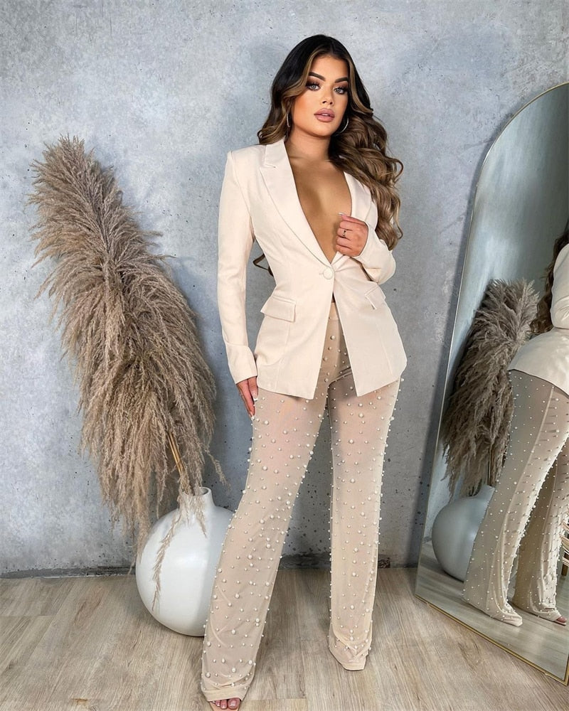 Deep V Blazer & Mesh Pearls Pants Sets