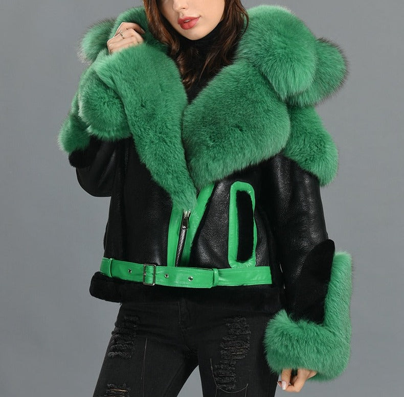 Genuine Leather Fur Moto Shearling Liner Fur Collar Parka