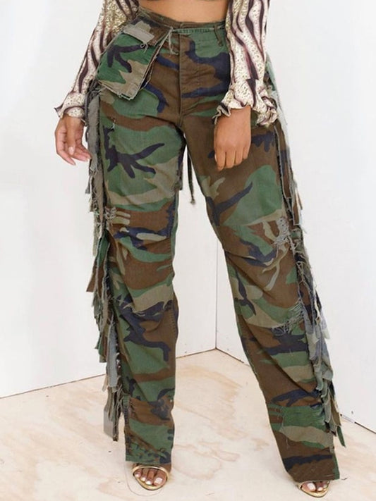 Camo Side Tassels Straight Jeans