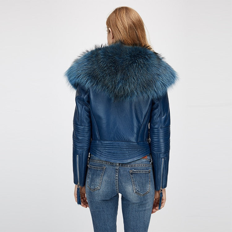 Genuine Leather Moto Jackets Big Fur Collar Wool Liner