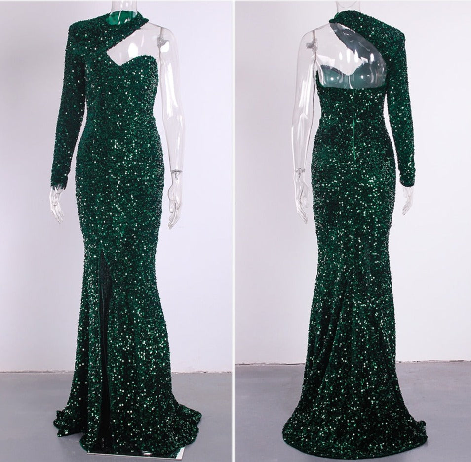 Sequin One Long Sleeve Maxi Evening Gowns